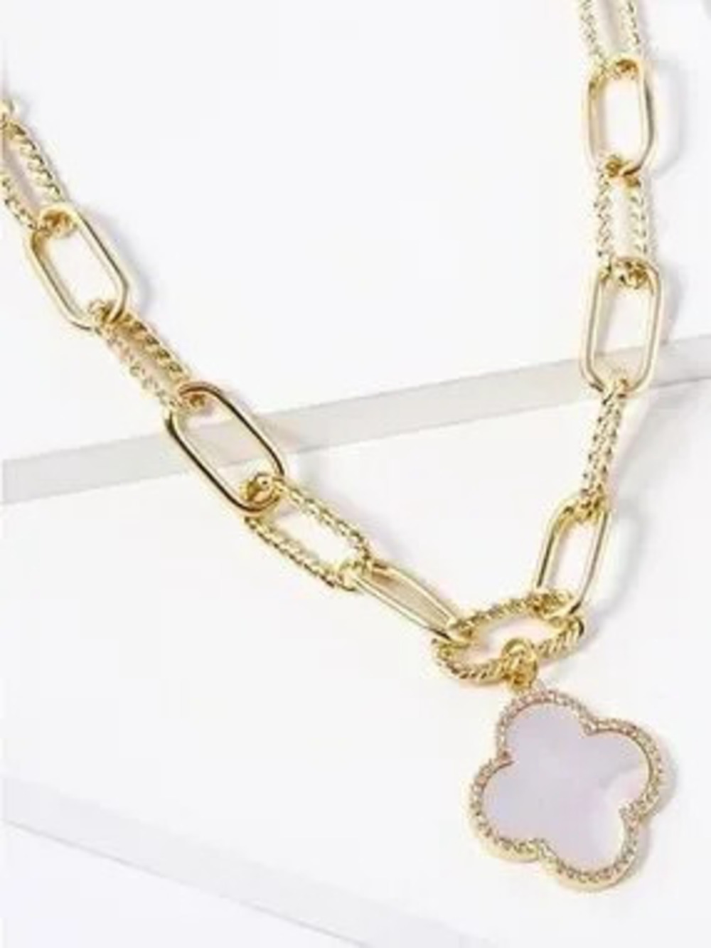 Gold Dipped White Clover Paperclip Necklace (8522)